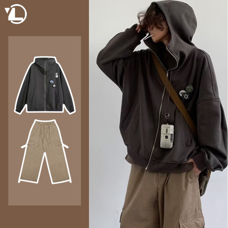 Autumn College Casual Set Men  - Vintage Zip Hoodie 评论和价格