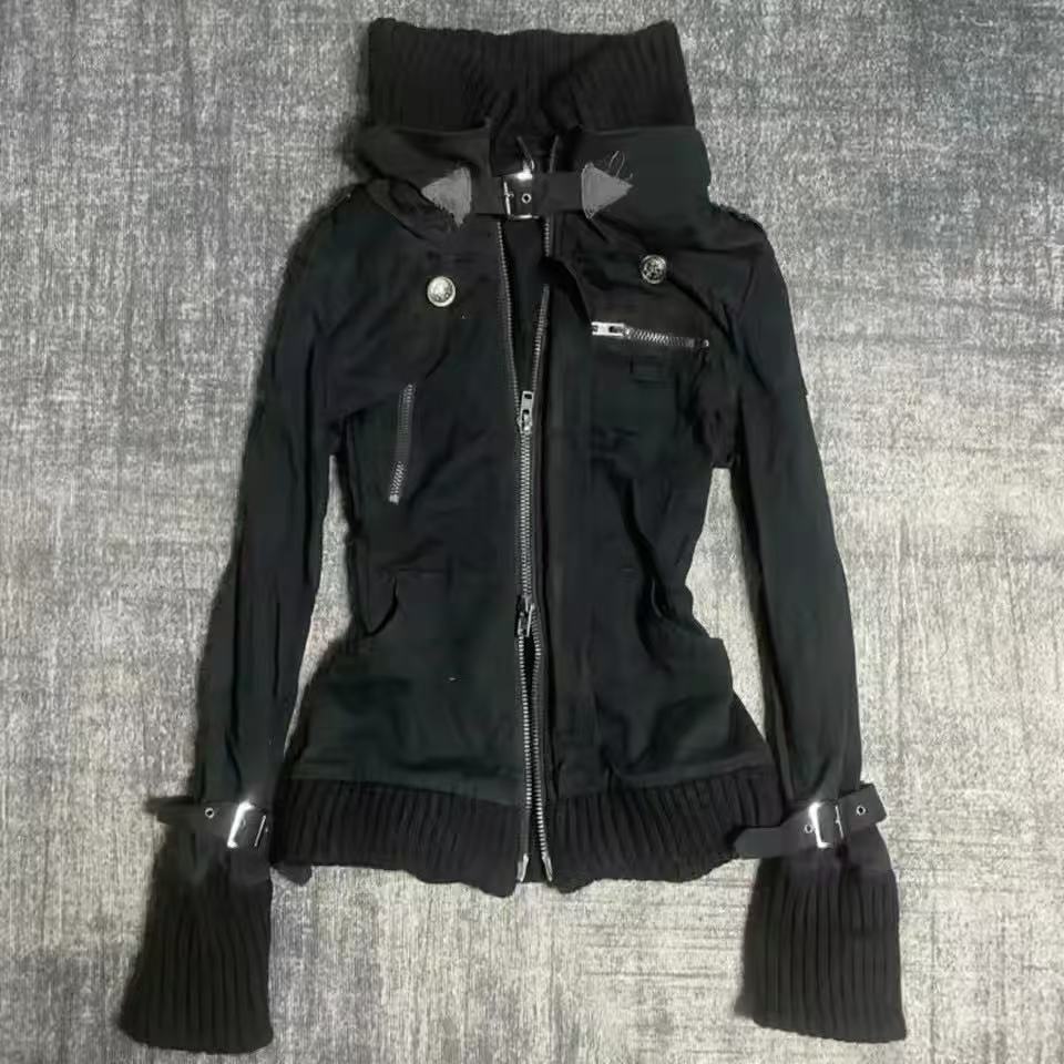Y2K Gothic Black Slim Double Z - Vintage Zip Hoodie 评论和价格